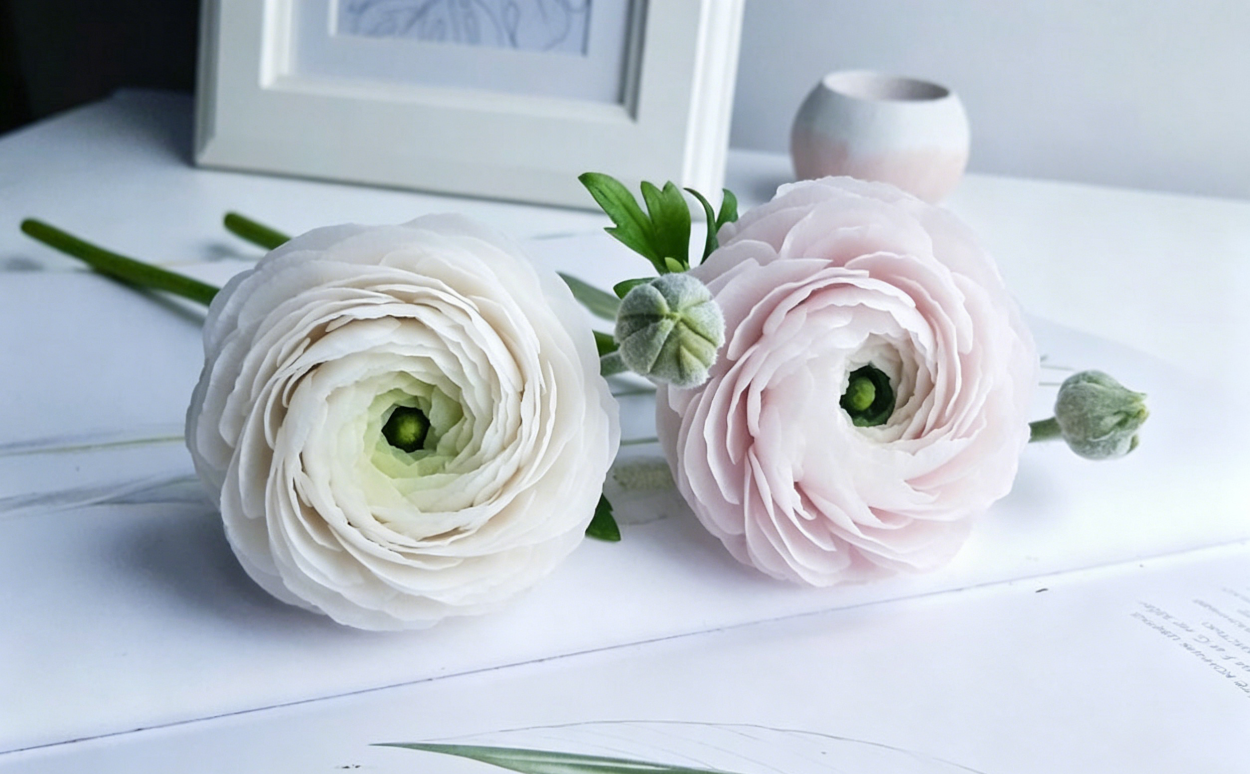 Fleur Renoncule Real Touch en Porcelaine Froide Sculptée à la Main - 28 cm