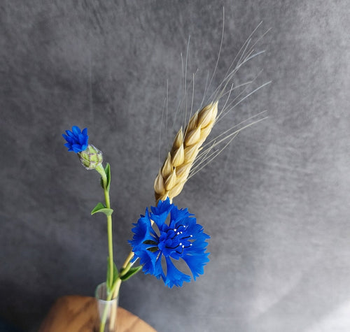 Bleuet et épillet de blé en porcelaine froide, bouquet artisanal 30 cm pour décoration intérieure