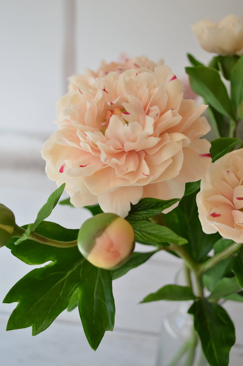 Pivoine rose en pâte polymère florale - Branche avec fleur épanouie et boutons, diamètre 10-11 cm, hauteur 38-40 cm