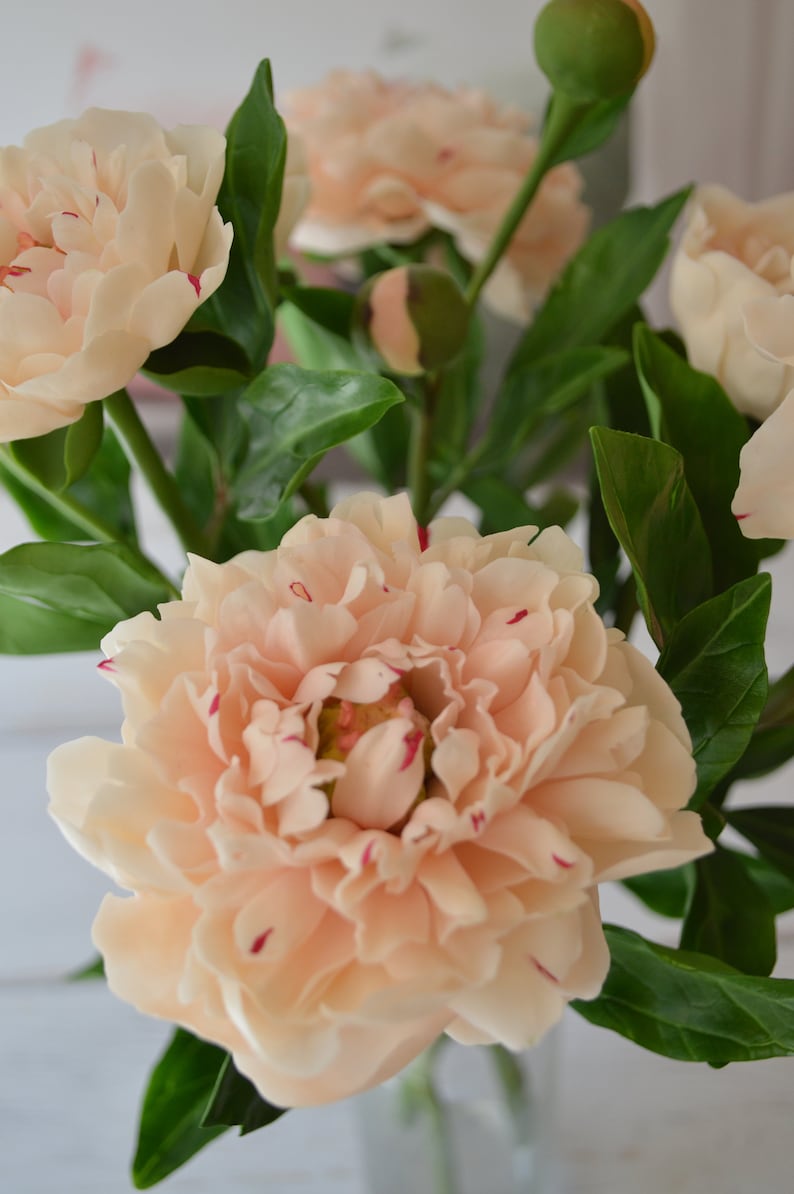 Pivoine rose en pâte polymère florale - Branche avec fleur épanouie et boutons, diamètre 10-11 cm, hauteur 38-40 cm