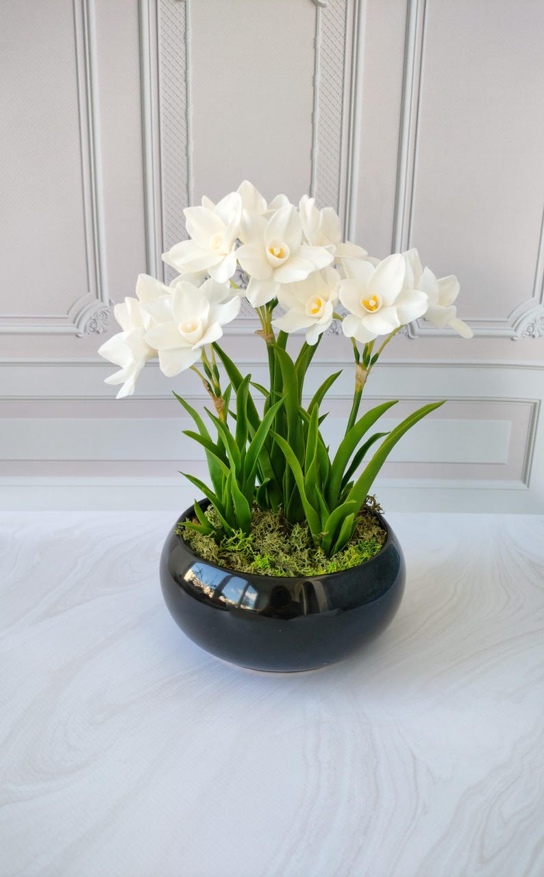 Pot de jonquilles en porcelaine froide, Bouquet réaliste de 15 fleurs, Décoration intérieur printanière