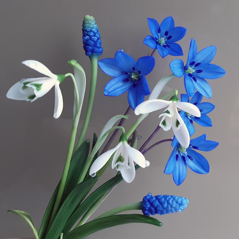 Perce-neige en porcelaine froide 17-18 cm, fleurs de forêt artisanales, sculpture botanique