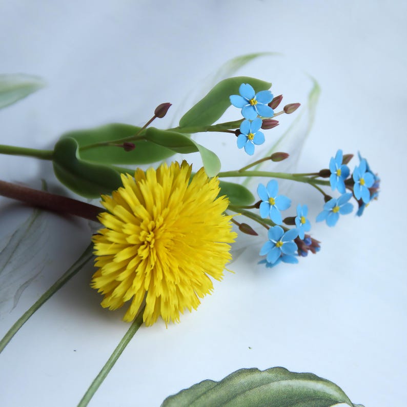 Fleurs en porcelaine froide Pissenlit artificiel Myosotis Sculpture botanique Bouquet fait main Hauteur 23 cm