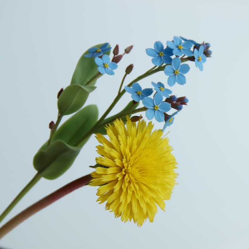 Fleurs en porcelaine froide Pissenlit artificiel Myosotis Sculpture botanique Bouquet fait main Hauteur 23 cm