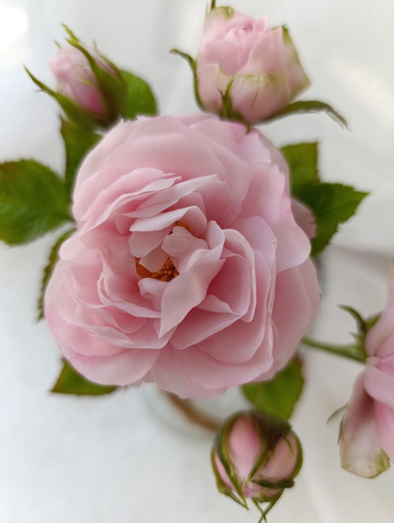 Rose Poudrée Polymère réaliste, Fleur Porcelaine Artificielle, Branche Longue, 6.5-7cm Diamètre, Artisanat Fait Main
