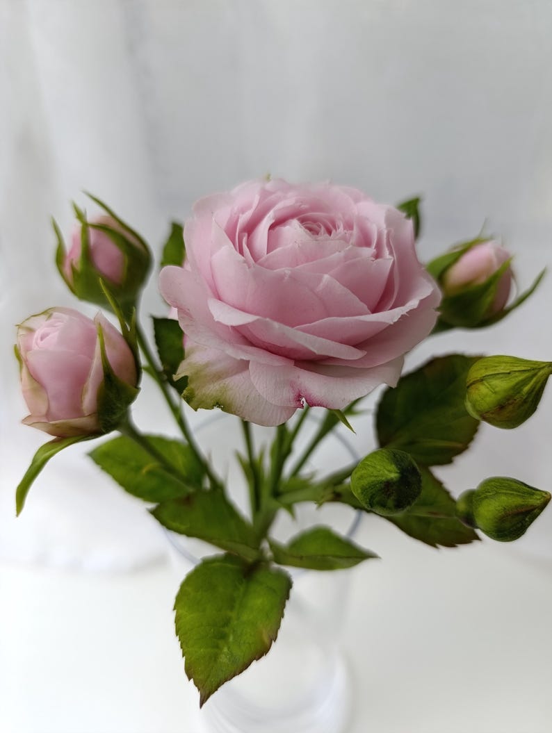Rose réaliste en argile polymère, branche de rosier artificielle, tige longue 22 cm, fleur poudré