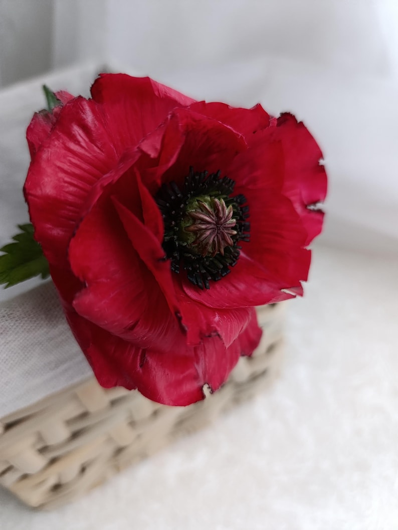 Coquelicot rouge en porcelaine froide, fleur réaliste en pâte polymère, décoration intérieure, 8 cm de diamètre, 25 cm de hauteur