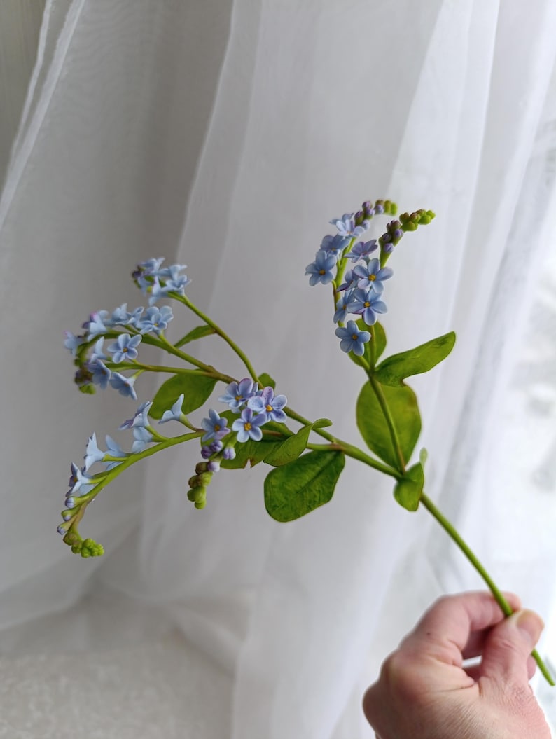 Myosotis en pâte polymère bleu, tige de 30 cm, décoration florale réaliste pour table et maison