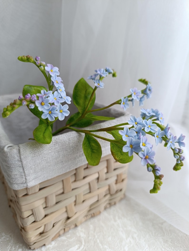 Myosotis en pâte polymère bleu, tige de 30 cm, décoration florale réaliste pour table et maison