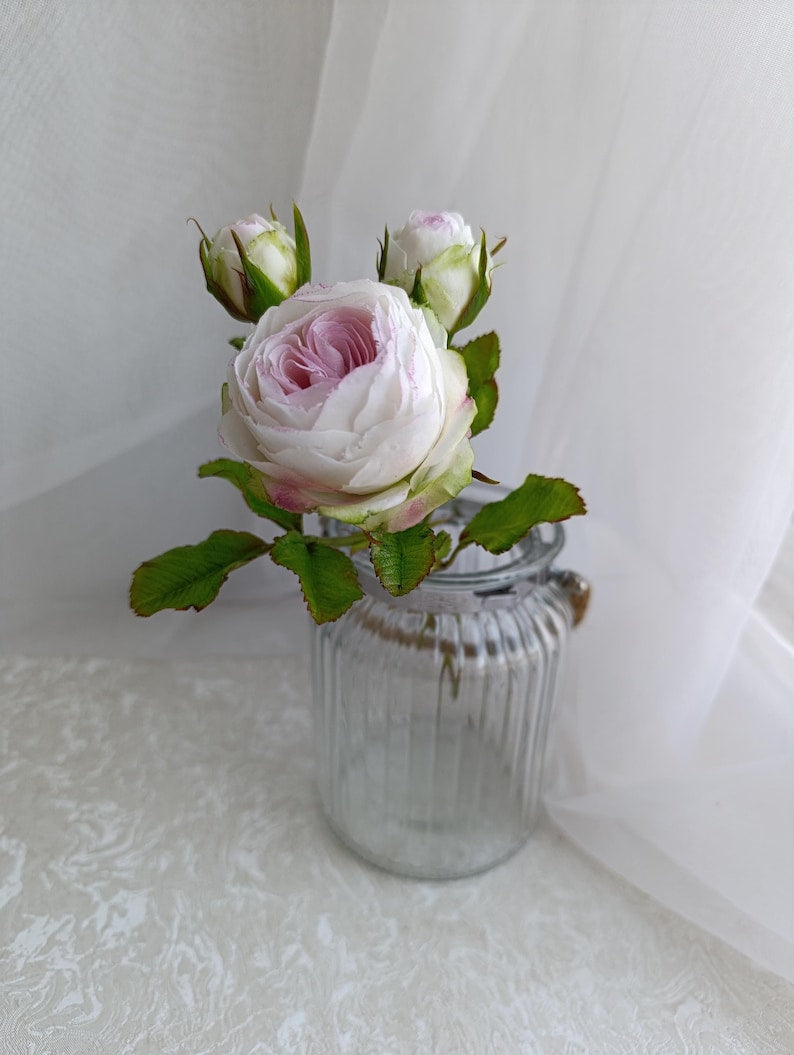 Rose blanche réaliste en pâte polymère, branche de rosier artificiel anglais, tige longue 29 cm