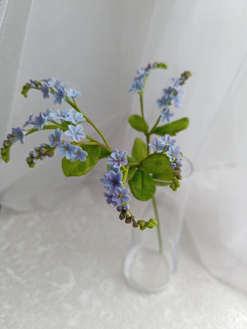 Myosotis en pâte polymère bleu, tige de 30 cm, décoration florale réaliste pour table et maison