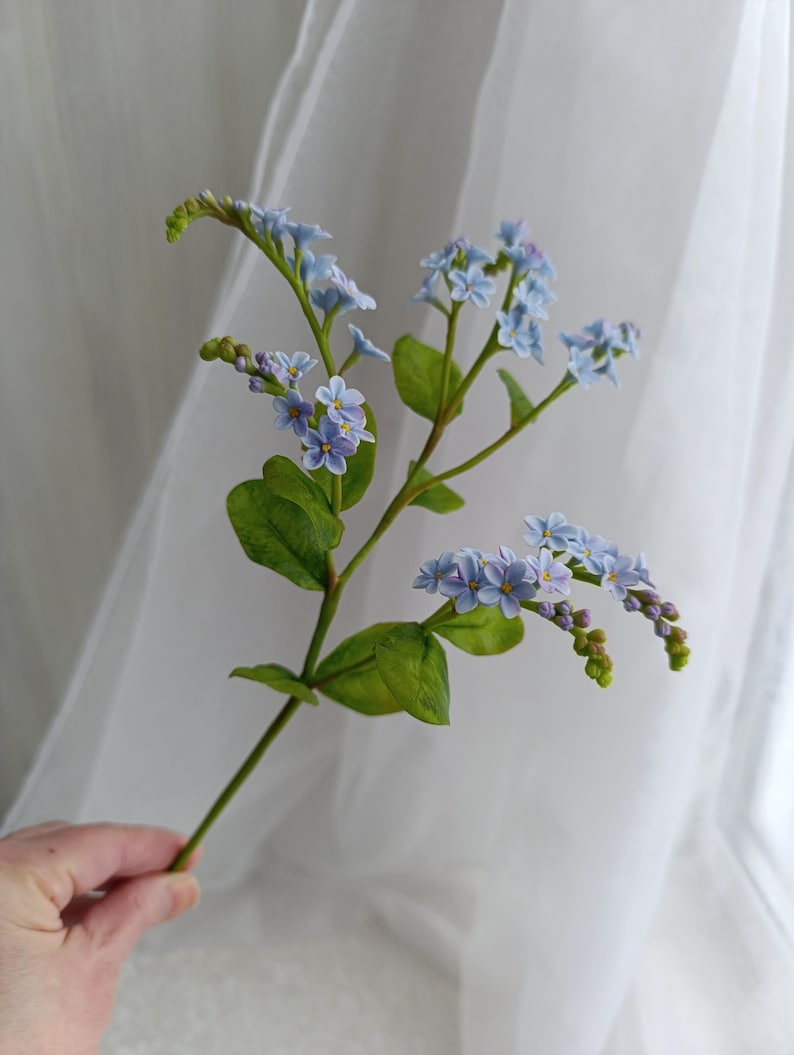 Myosotis en pâte polymère bleu, tige de 30 cm, décoration florale réaliste pour table et maison