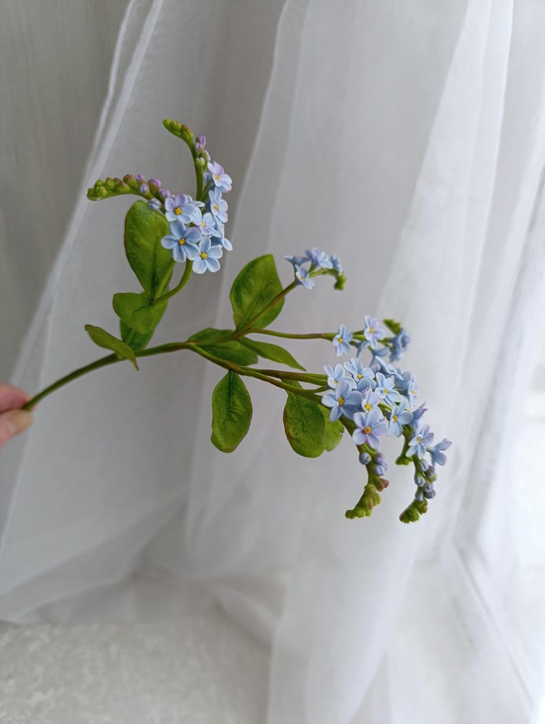 Myosotis en pâte polymère bleu, tige de 30 cm, décoration florale réaliste pour table et maison