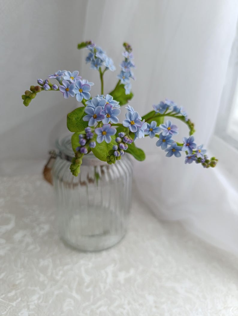 Myosotis en pâte polymère bleu, tige de 30 cm, décoration florale réaliste pour table et maison