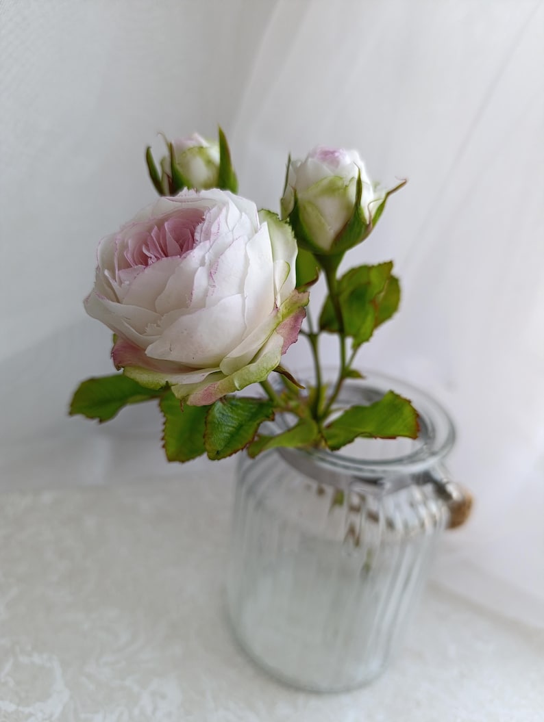 Rose blanche réaliste en pâte polymère, branche de rosier artificiel anglais, tige longue 29 cm