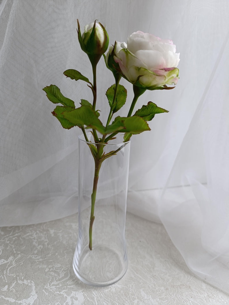 Rose blanche réaliste en pâte polymère, branche de rosier artificiel anglais, tige longue 29 cm