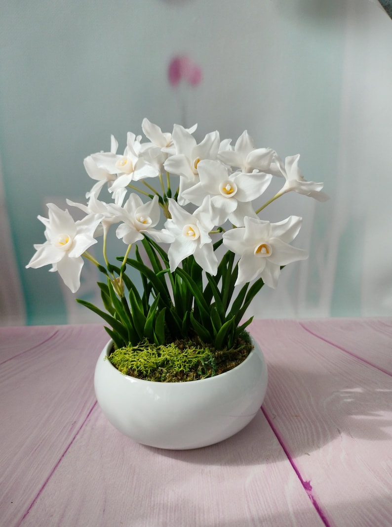 Pot de jonquilles en porcelaine froide, Bouquet réaliste de 15 fleurs, Décoration intérieur printanière