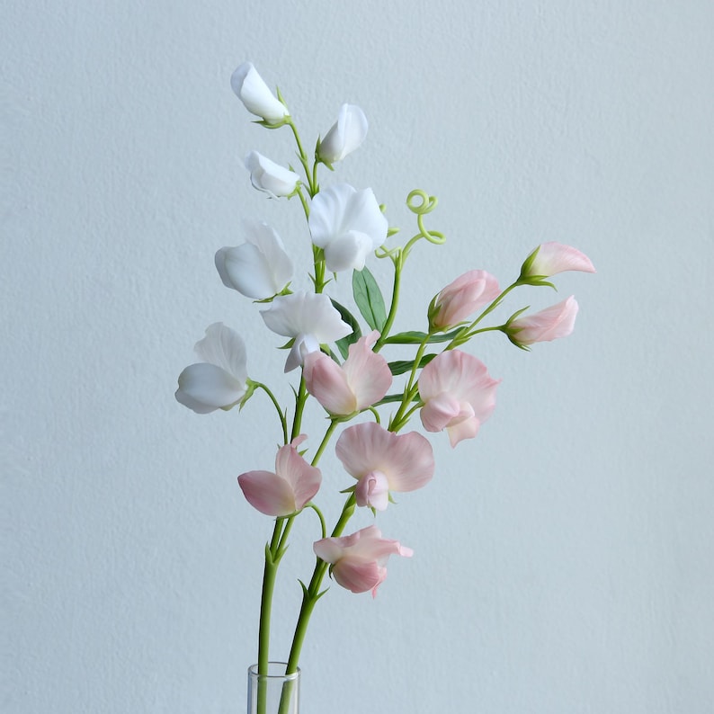 Tige de fleur de pois de senteur en porcelaine froide, fait main, 29 cm