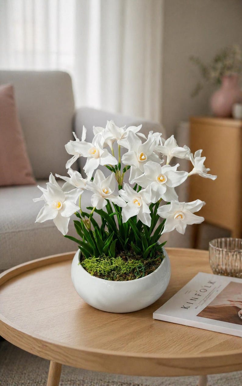 Pot de jonquilles en porcelaine froide, Bouquet réaliste de 15 fleurs, Décoration intérieur printanière